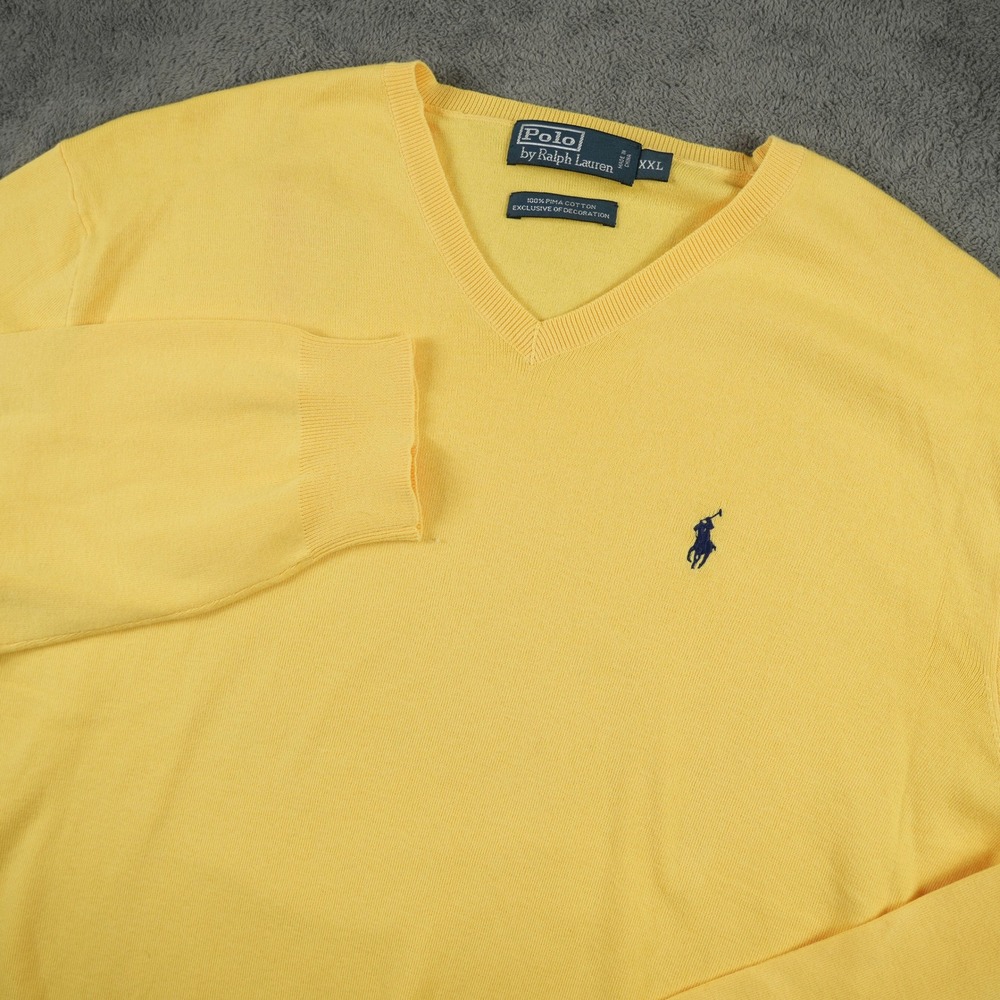 Polo Ralph Lauren Sweater Mens XXL Yellow V-Neck 100% Pima Cotton Navy Pony Logo